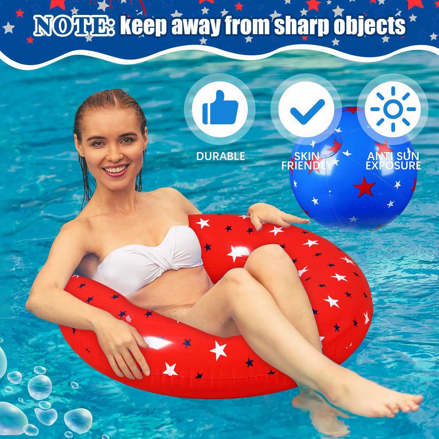 3 Pcs American Patriotic Inflatable Pool Float and 3 Pcs 12 Inch Inflatable Beach Balls for Floating Party Favors Swimming Toys