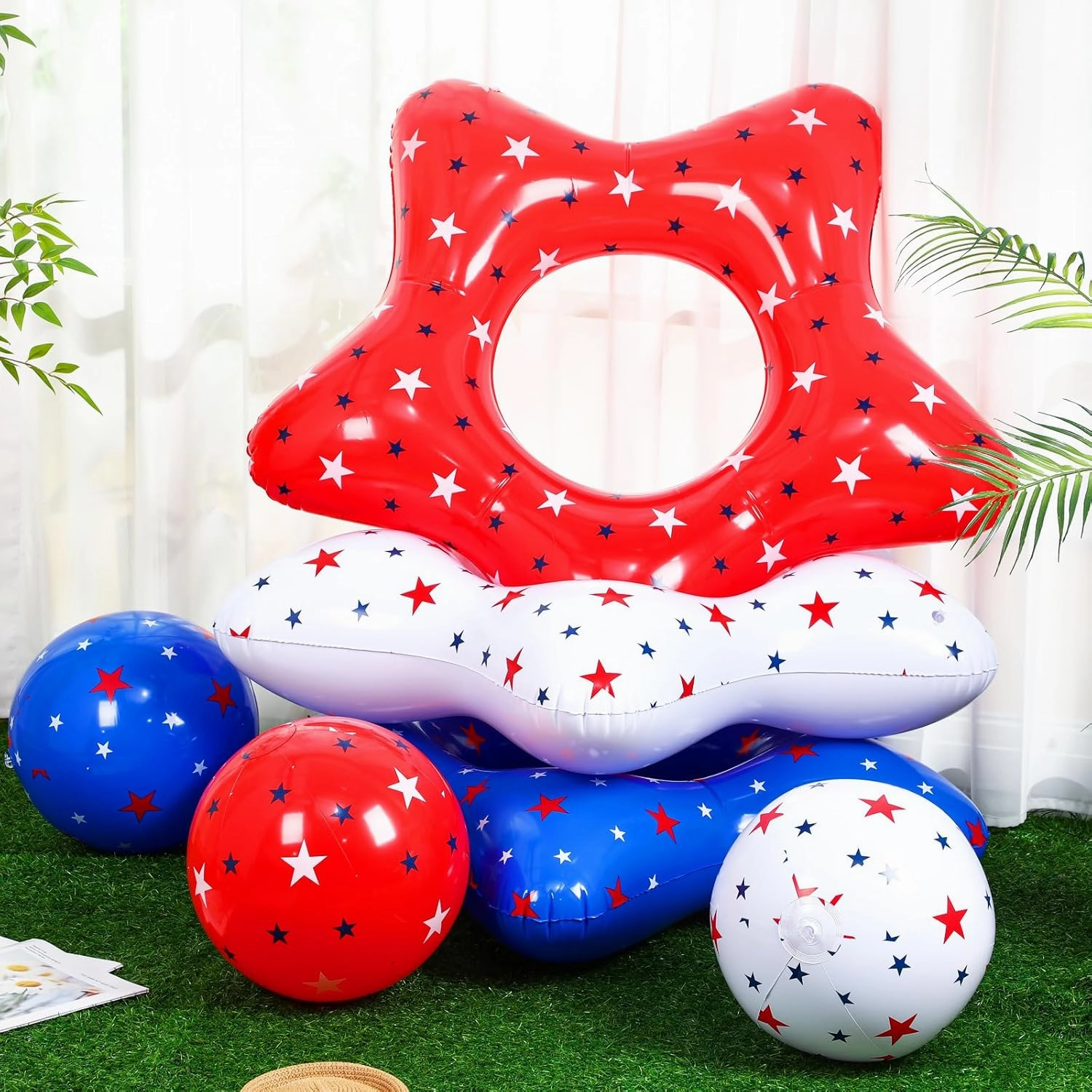 3 Pcs American Patriotic Inflatable Pool Float and 3 Pcs 12 Inch Inflatable Beach Balls for Floating Party Favors Swimming Toys