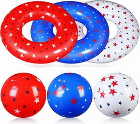 3 Pcs American Patriotic Inflatable Pool Float and 3 Pcs 12 Inch Inflatable Beach Balls for Floating Party Favors Swimming Toys