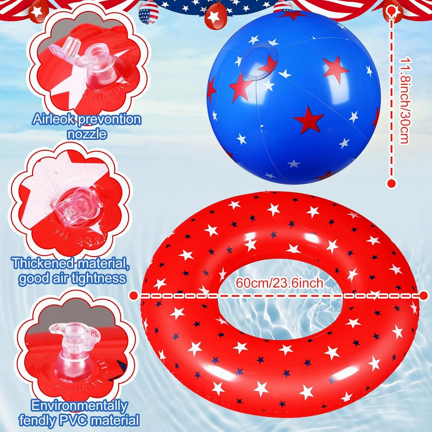 3 Pcs American Patriotic Inflatable Pool Float and 3 Pcs 12 Inch Inflatable Beach Balls for Floating Party Favors Swimming Toys