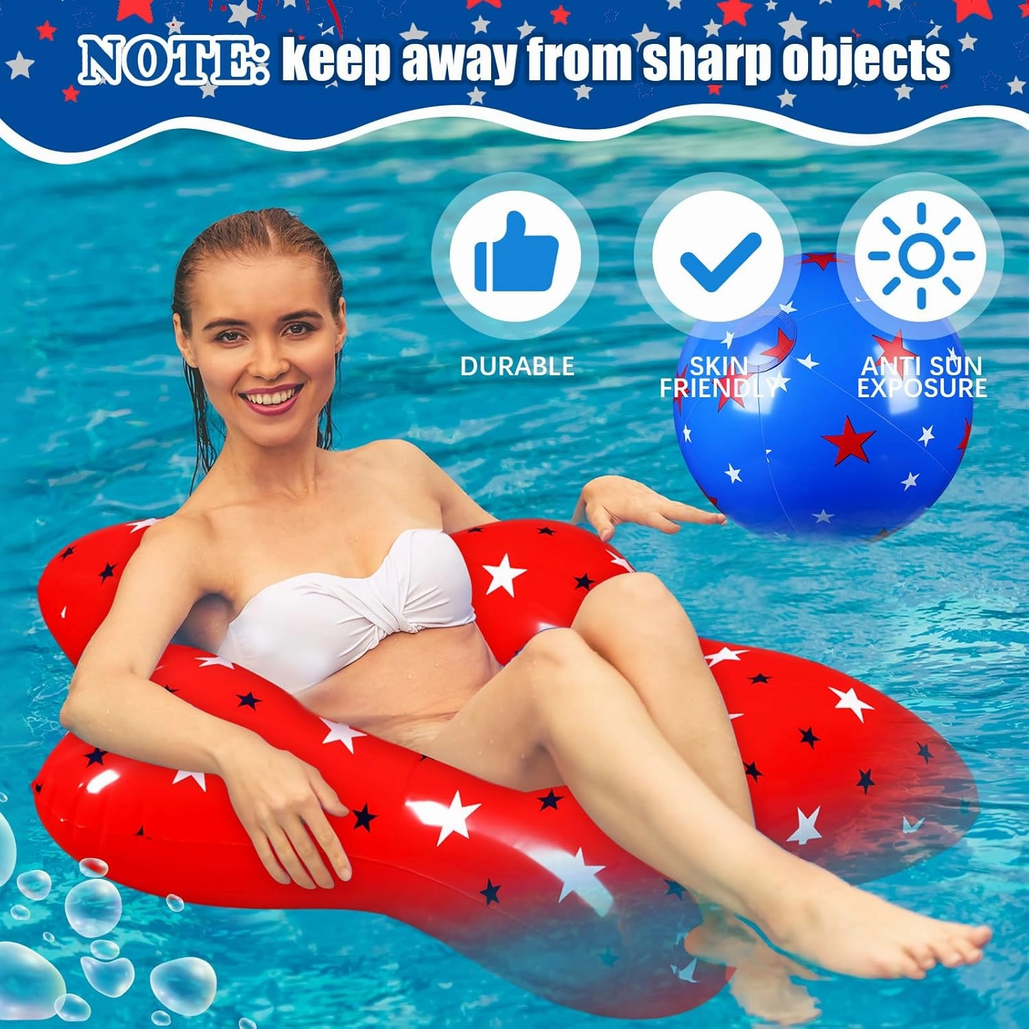 3 Pcs American Patriotic Inflatable Pool Float and 3 Pcs 12 Inch Inflatable Beach Balls for Floating Party Favors Swimming Toys