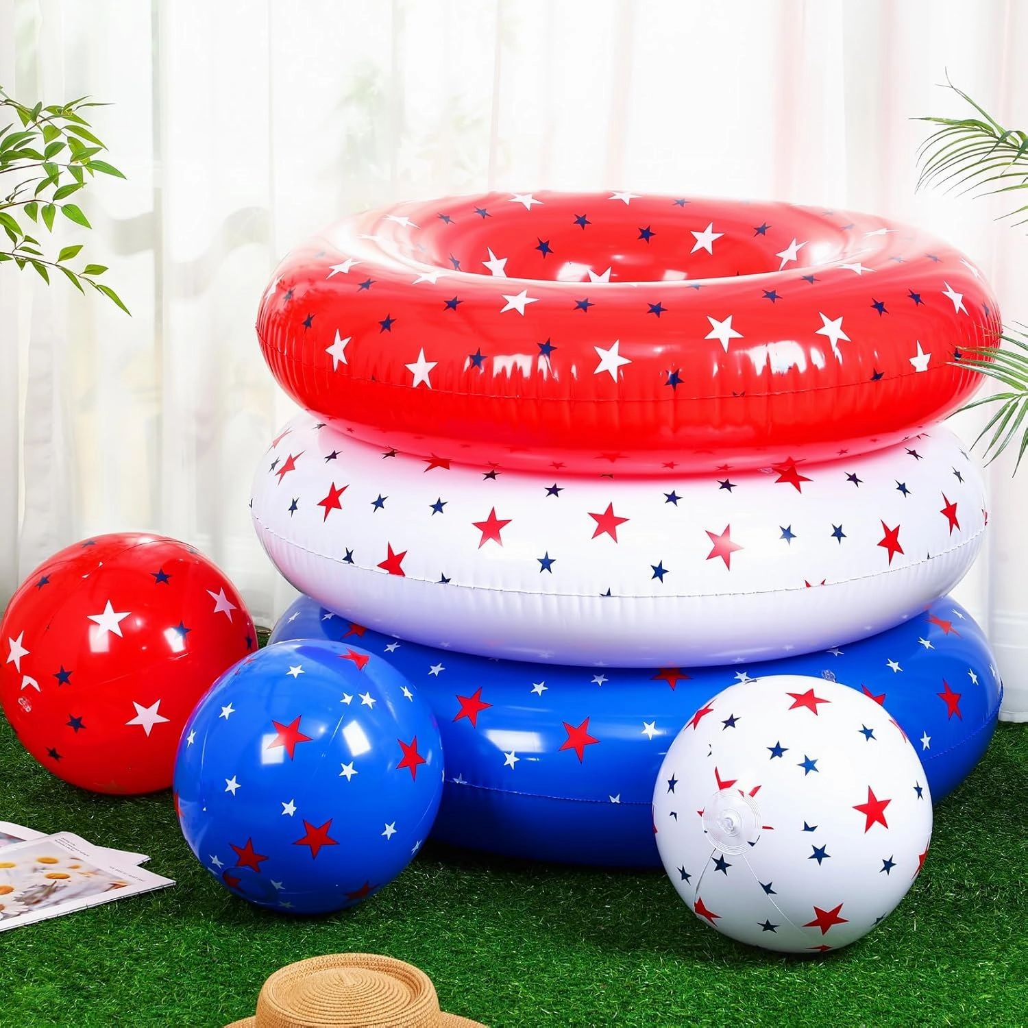3 Pcs American Patriotic Inflatable Pool Float and 3 Pcs 12 Inch Inflatable Beach Balls for Floating Party Favors Swimming Toys