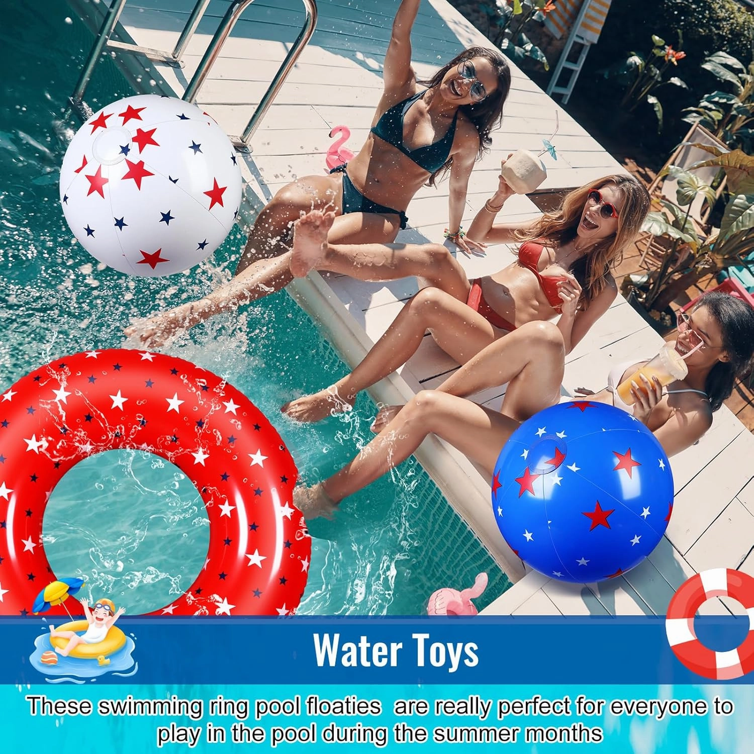 3 Pcs American Patriotic Inflatable Pool Float and 3 Pcs 12 Inch Inflatable Beach Balls for Floating Party Favors Swimming Toys