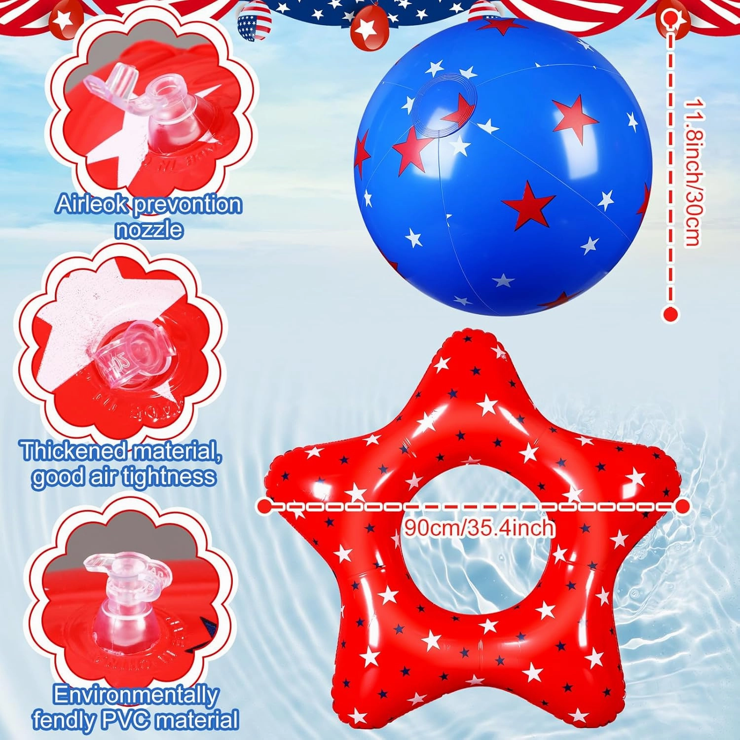 3 Pcs American Patriotic Inflatable Pool Float and 3 Pcs 12 Inch Inflatable Beach Balls for Floating Party Favors Swimming Toys