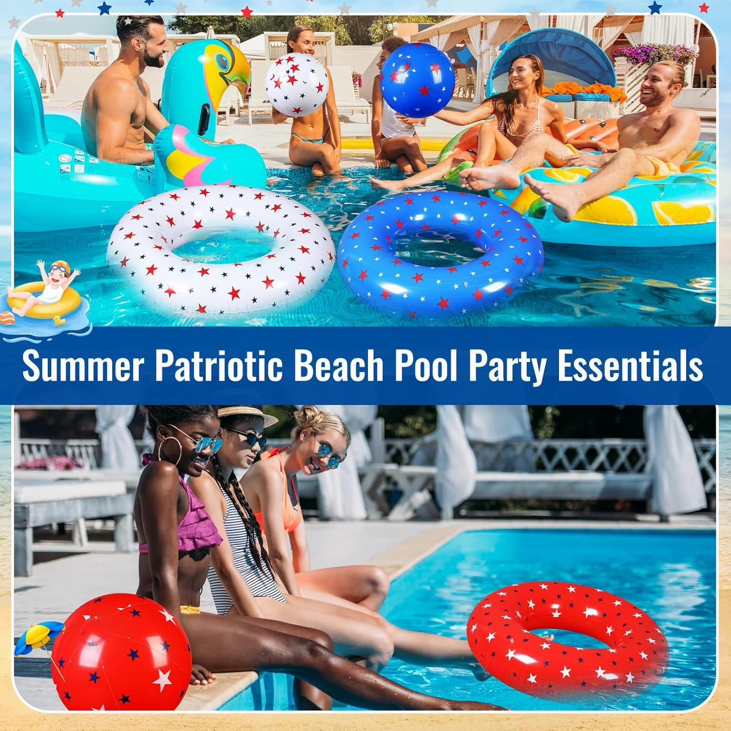 3 Pcs American Patriotic Inflatable Pool Float and 3 Pcs 12 Inch Inflatable Beach Balls for Floating Party Favors Swimming Toys
