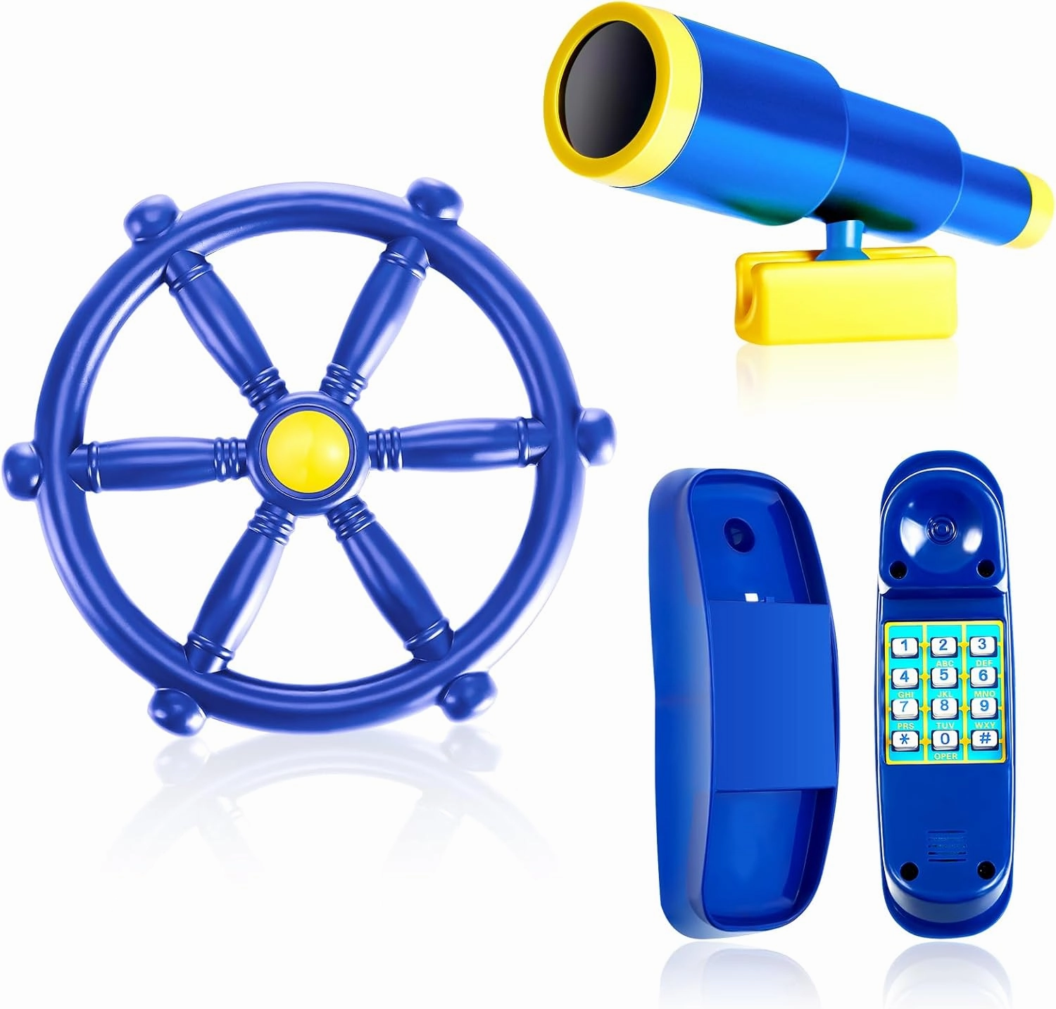 3 Pcs Playground Accessories for Kids Outdoor Swing Set Accessories Playground Equipment Pirate Plastic Ship Wheel Toy Telescope Telephone Backyard Outdoor Playhouse Climbing Equipment (Blue)
