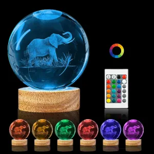 3D Elephant Crystal Ball Night Light, 3.15in K9 Lamp with 16 Colors Change, Wooden Base and Remote Control Decor Gifts for Women Kids