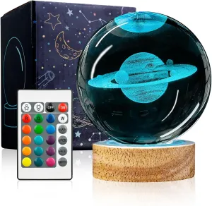 3D Saturn Crystal Ball Night Light with Woodern Base, 3.15 In Galaxy Planets Glass Ball Lamp with 16 Colors and Remote Control Cool Astronomy Saturn Desk Decor Gifts for Kids Girls Boys Friends