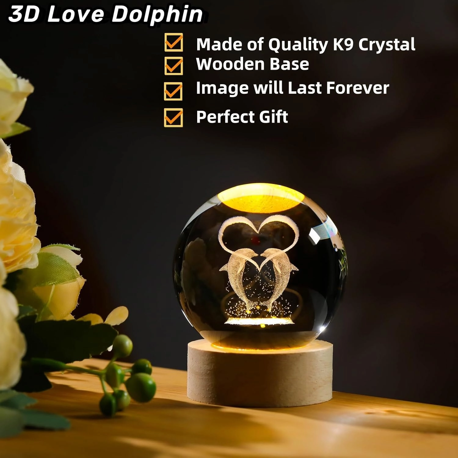 3D Dolphin Crystal Ball Figurines Gifts, Crystal Ball Lamp with Wooden Light Base, Laser Engraved Dolphin Glass Sphere Home Decor