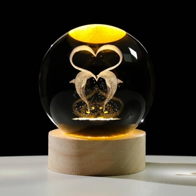 3D Dolphin Crystal Ball Figurines Gifts, Crystal Ball Lamp with Wooden Light Base, Laser Engraved Dolphin Glass Sphere Home Decor