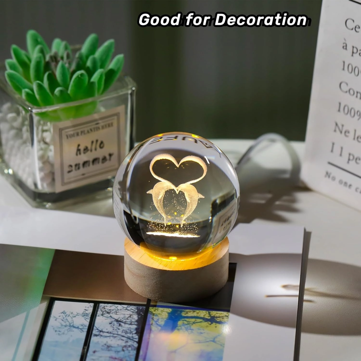 3D Dolphin Crystal Ball Figurines Gifts, Crystal Ball Lamp with Wooden Light Base, Laser Engraved Dolphin Glass Sphere Home Decor