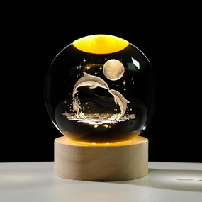 3D Dolphin Crystal Ball Night Light, Glass Dolphin Lamp with Wooden Base, Laser Engraved Glass Sphere Home Decor