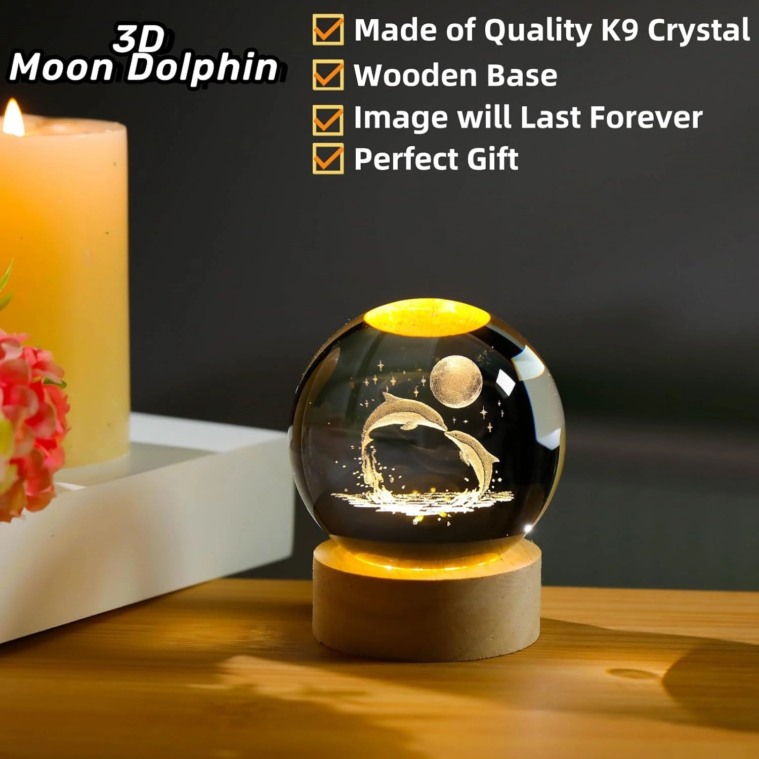 3D Dolphin Crystal Ball Night Light, Glass Dolphin Lamp with Wooden Base, Laser Engraved Glass Sphere Home Decor