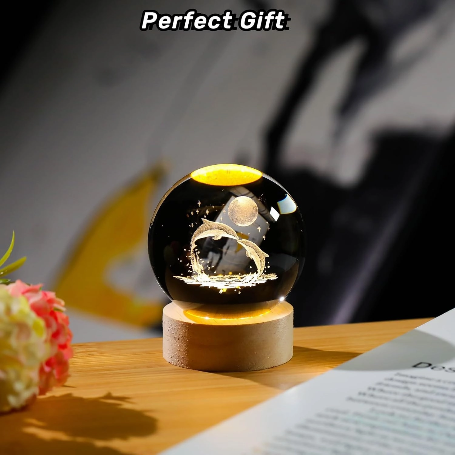 3D Dolphin Crystal Ball Night Light, Glass Dolphin Lamp with Wooden Base, Laser Engraved Glass Sphere Home Decor