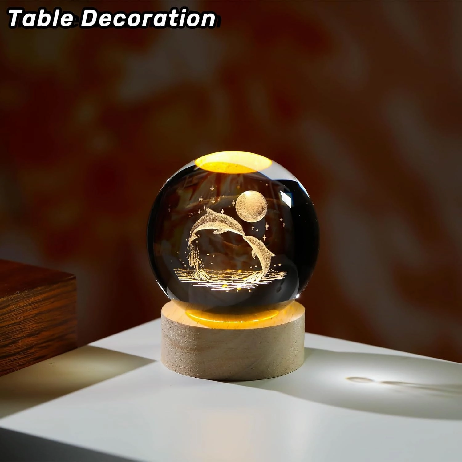 3D Dolphin Crystal Ball Night Light, Glass Dolphin Lamp with Wooden Base, Laser Engraved Glass Sphere Home Decor