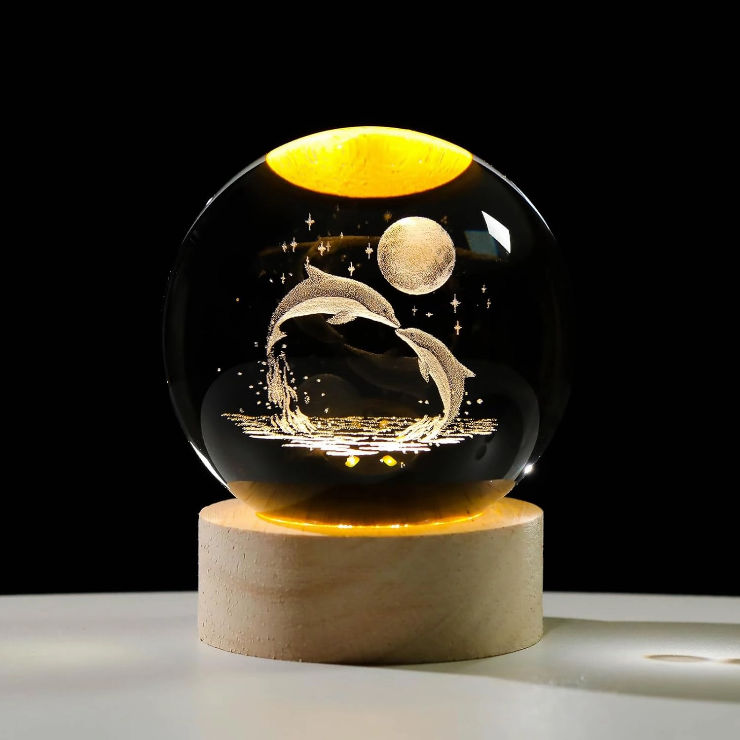 3D Dolphin Crystal Ball Night Light, Glass Dolphin Lamp with Wooden Base, Laser Engraved Glass Sphere Home Decor