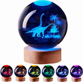 3D Large Dinosaur Crystal Ball Night Light with Wooden Base, Crystal Lamp Gift for Kids Wife Friends, 16 Color Changing with Remote Control, Laser Engraved 3.15 inch Glass Ball Lamp (Dinosaur)