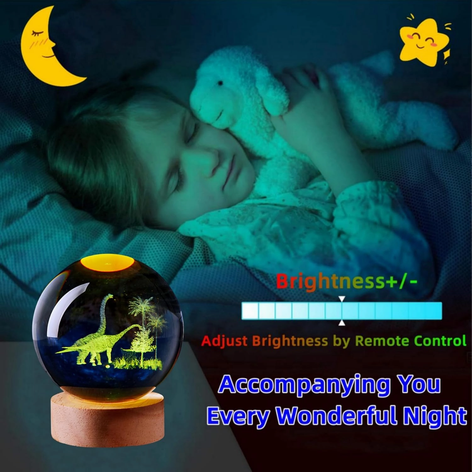 3D Large Dinosaur Crystal Ball Night Light with Wooden Base, Crystal Lamp Gift for Kids Wife Friends, 16 Color Changing with Remote Control, Laser Engraved 3.15 inch Glass Ball Lamp (Dinosaur)