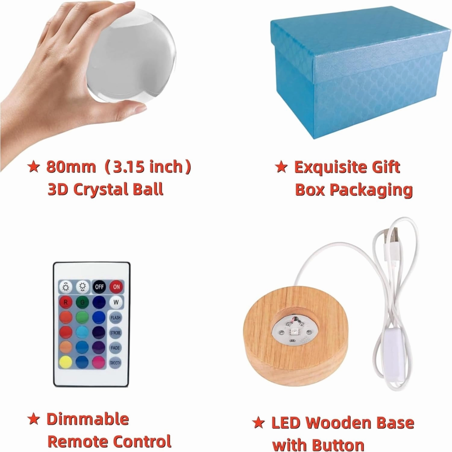 3D Large Dinosaur Crystal Ball Night Light with Wooden Base, Crystal Lamp Gift for Kids Wife Friends, 16 Color Changing with Remote Control, Laser Engraved 3.15 inch Glass Ball Lamp (Dinosaur)