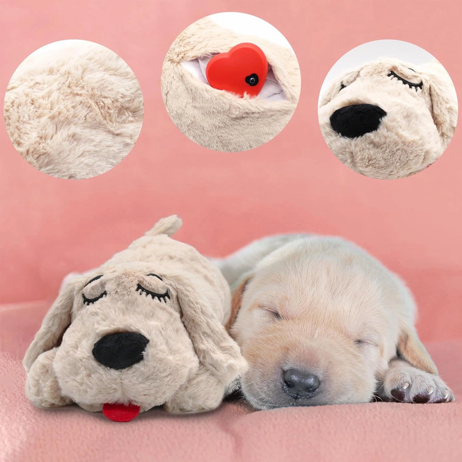 3T group Heartbeat Puppy for Dogs Puppy Heartbeat Toy Sleep Aid for Puppy Essentials Heartbeat Toy for Dogs Stuffed Animal with Heartbeat for Puppies,Anxiety Relief Pillow Plush Calming Toys (Beige)