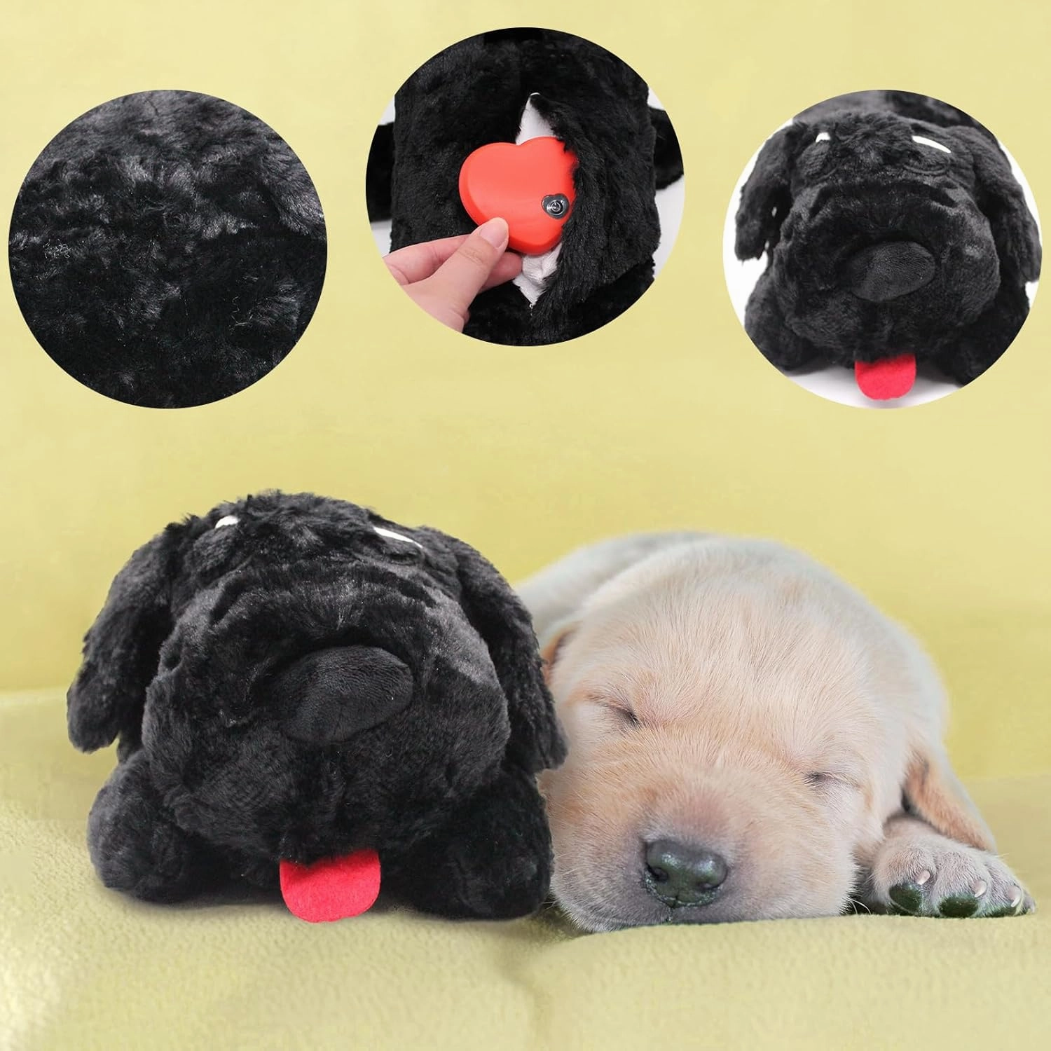 3T GROUP Heartbeat Puppy Toy for Dogs Heartbeat Toy for Puppies Sleep Aid,Puppy Essentials Stuffed Animal Toy Anxiety Relief,Calming Dog Toys Pillow Keep Busy (Black)