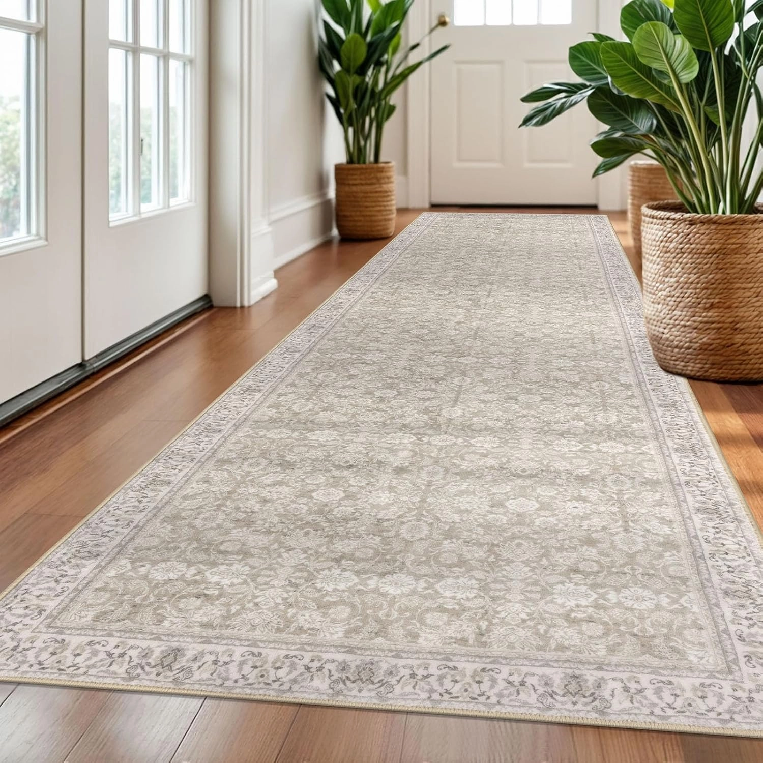 3x10 Beige White Washable Runner Rug for Kitchen, Soft Classic Runner with Non-Slip, Non-Shedding Distressed Floral Rug for Hallways Entryway Bedroom Laundry Indoor