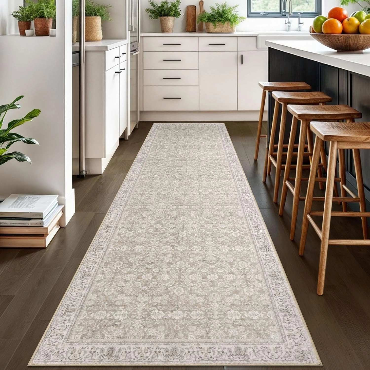 3x10 Beige White Washable Runner Rug for Kitchen, Soft Classic Runner with Non-Slip, Non-Shedding Distressed Floral Rug for Hallways Entryway Bedroom Laundry Indoor
