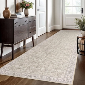 3x10 Beige White Washable Runner Rug for Kitchen, Soft Classic Runner with Non-Slip, Non-Shedding Distressed Floral Rug for Hallways Entryway Bedroom Laundry Indoor
