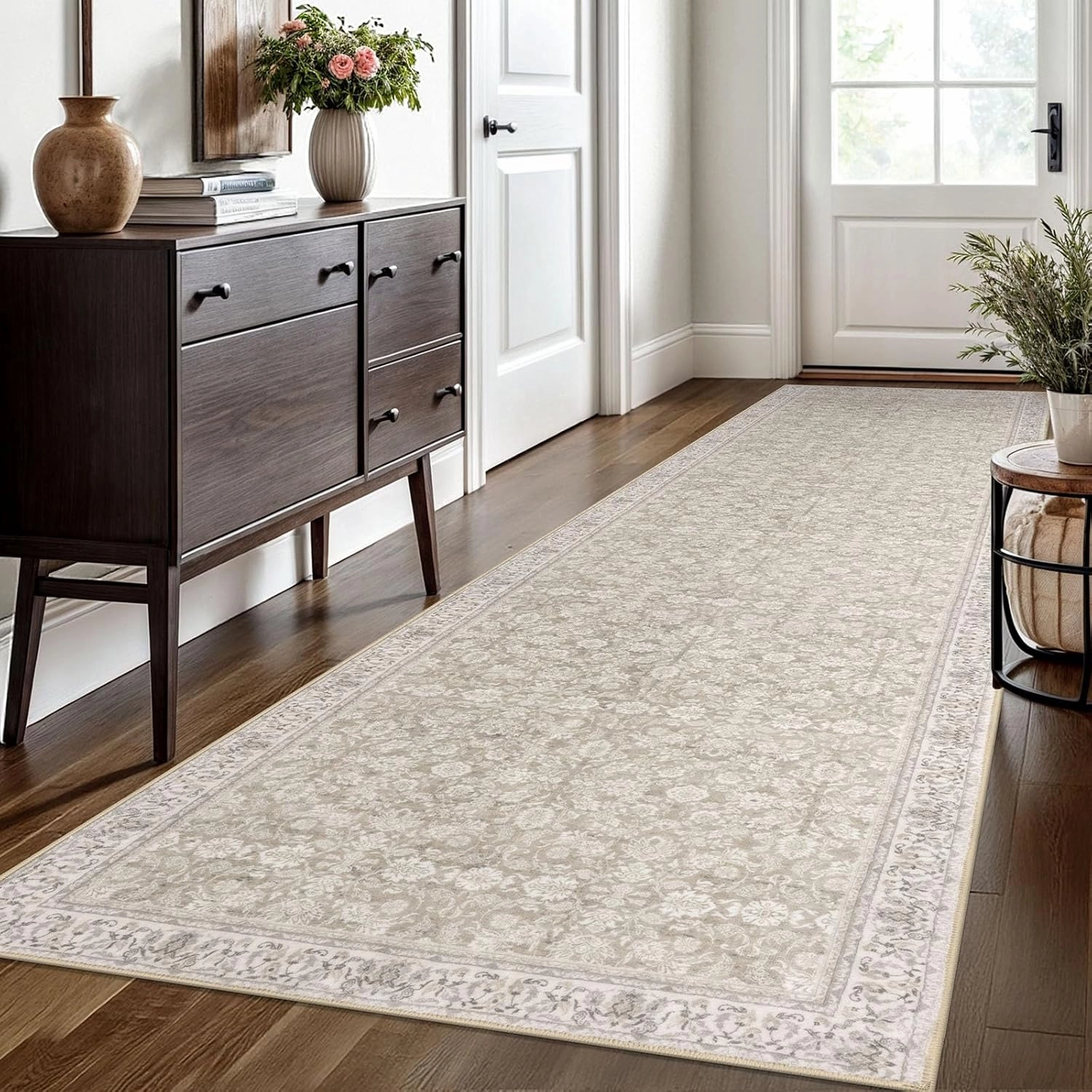 3x10 Beige White Washable Runner Rug for Kitchen, Soft Classic Runner with Non-Slip, Non-Shedding Distressed Floral Rug for Hallways Entryway Bedroom Laundry Indoor