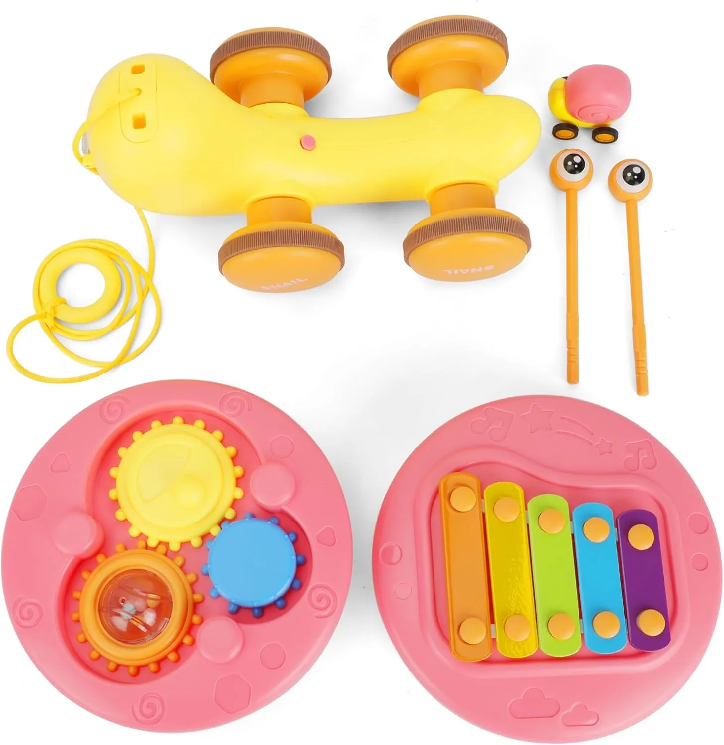 4-in-1 Snail Toys, Children's Rally Car; Hand Percussion; Gear Turning; Catapulting Little Snail, Gift for Babies Over 6 Months (Pink)