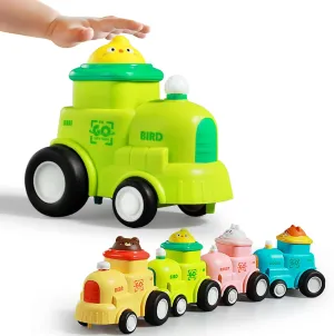 4 in 1 Toddler Train & Car Toys Set - Press & Go Car,Montessori Toys d for 1-3 Year Old Boys, Baby Vehicle Toys for 6-18 Months, First Birthday Gift for Toddler Boys