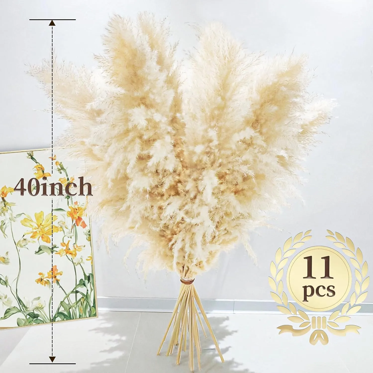 40" 11 PCS Dried Pampas Grass Decor Tall,Large Natural Beige pompas Grass,Tall Pampas Grass for Floor Vase,Wedding,Party,Farmhouse,Boho Home Decor,and Creating a Bohemian Ambiance