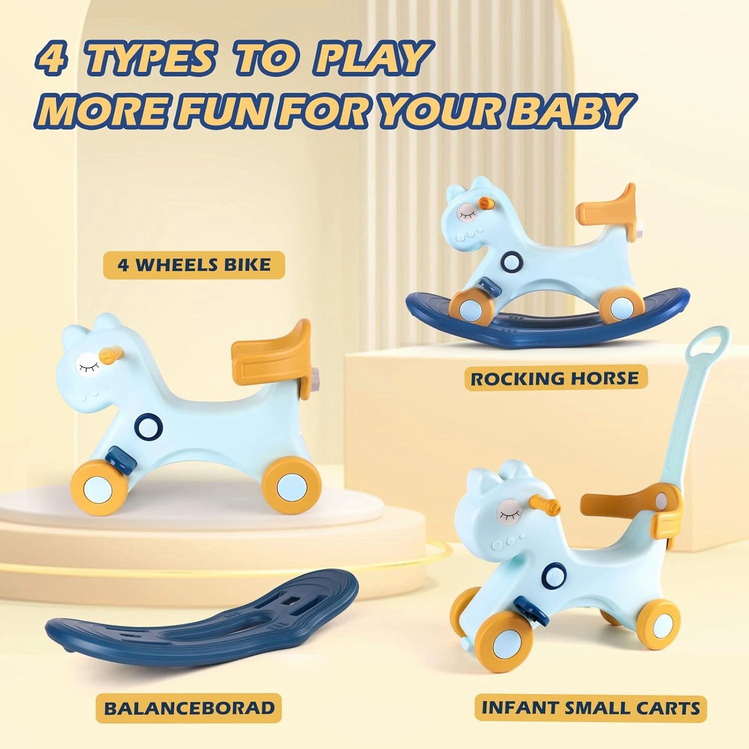 4 in 1 Rocking Horse for Toddlers 1-3 Years Old, Baby Rocking Toy Fun Birthday Gift for 1  Boys, Ride on Toy with Detachable Balance Board and Footrest，Balance Bike with Push Handle，Blue