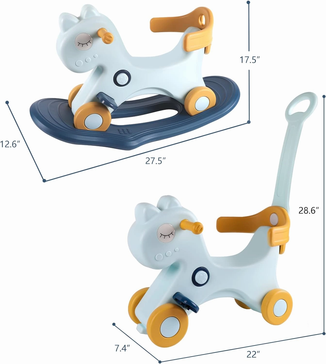 4 in 1 Rocking Horse for Toddlers 1-3 Years Old, Baby Rocking Toy Fun Birthday Gift for 1  Boys, Ride on Toy with Detachable Balance Board and Footrest，Balance Bike with Push Handle，Blue