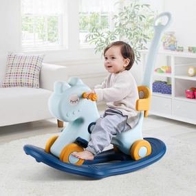 4 in 1 Rocking Horse for Toddlers 1-3 Years Old, Baby Rocking Toy Fun Birthday Gift for 1  Boys, Ride on Toy with Detachable Balance Board and Footrest，Balance Bike with Push Handle，Blue