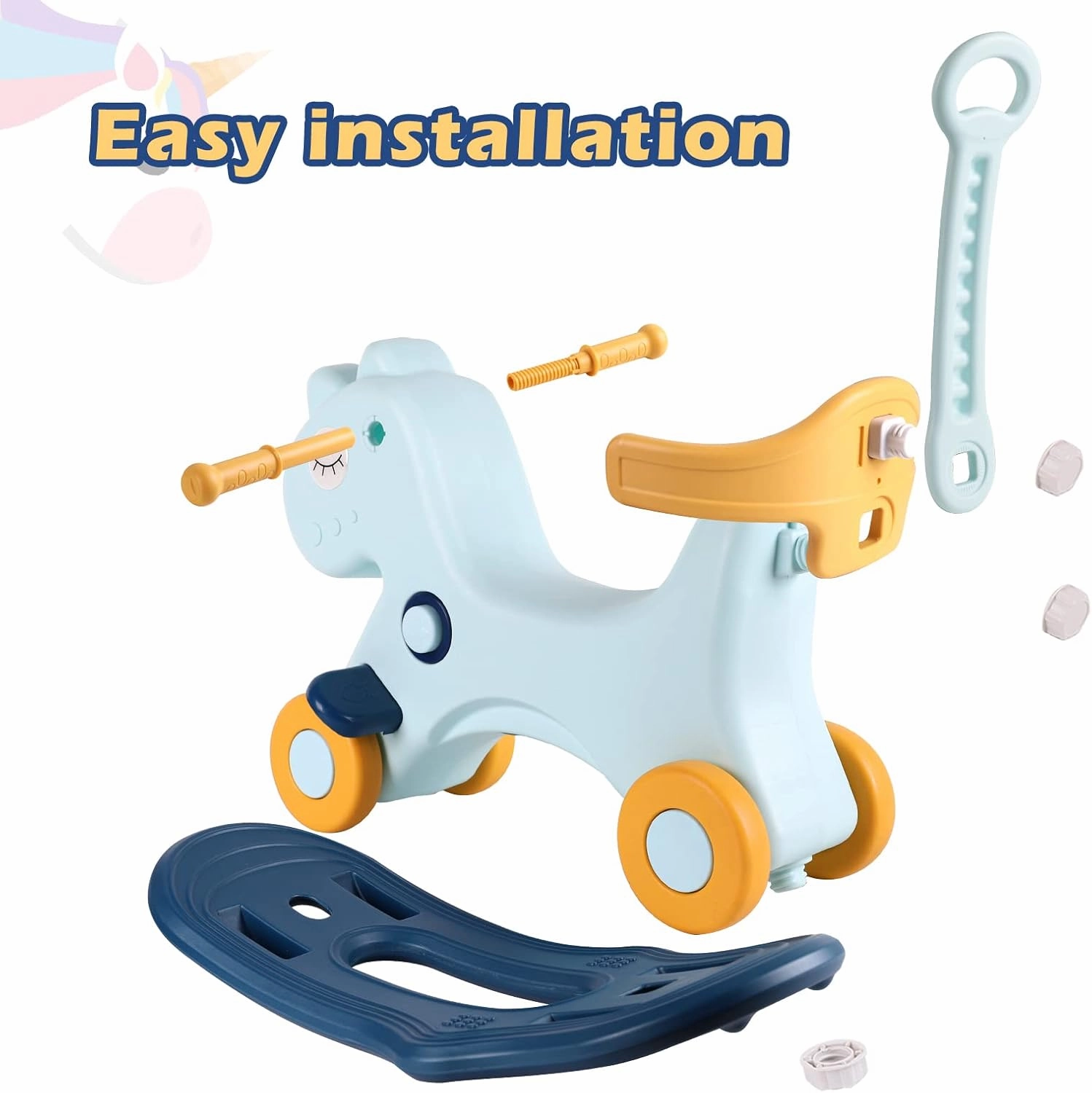 4 in 1 Rocking Horse for Toddlers 1-3 Years Old, Baby Rocking Toy Fun Birthday Gift for 1  Boys, Ride on Toy with Detachable Balance Board and Footrest，Balance Bike with Push Handle，Blue