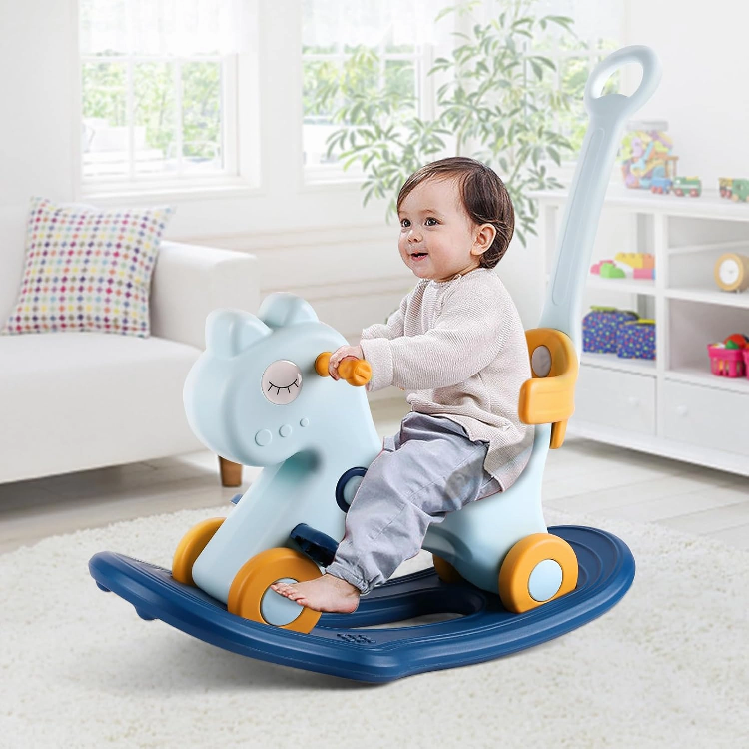 4 in 1 Rocking Horse for Toddlers 1-3 Years Old, Baby Rocking Toy Fun Birthday Gift for 1  Boys, Ride on Toy with Detachable Balance Board and Footrest，Balance Bike with Push Handle，Blue