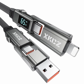 4 in 1 USB C Cable with Wattage Display, 65W Flat Nylon Braided Multi Charge Cable with Data Sync, USB C Charging Cord Combo Type C/USB A/L Port for iPhone/iPad/Samsung/Laptop, 3FT