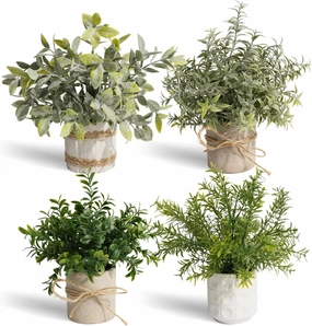 4-Pack Small Artificial Plants Indoor in Pulp Pots, Fake Plants for Home Decor, Mini Faux Plants Indoor for Bathroom Kitchen Office Desk Shelf Farmhouse Cottage Core Decor