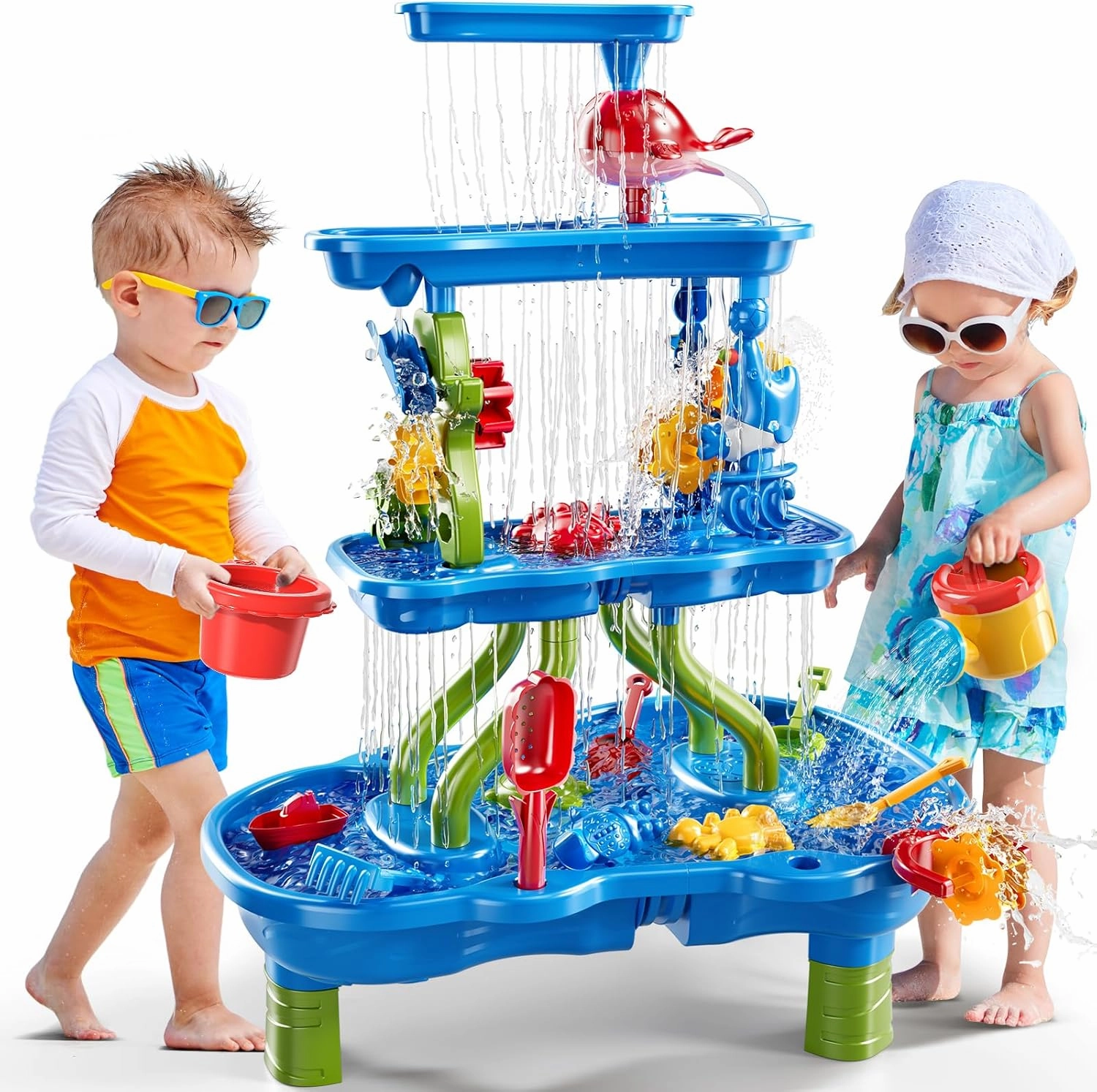 4-Tier Sand and Water Table, 39 Piece Kids Water Table Activity Sensory Outside Toys for Toddlers 3-5, Beach Backyard Outdoor Play Table Gift for Boys Girls, Summer Toys for Kids Ages 4-8