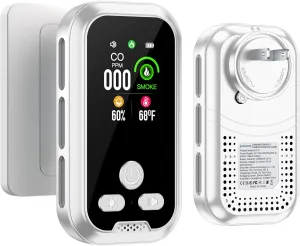4IN1 Plug in Smoke & Carbon Monoxide Detector Combination Builti-in 2000 mAh Backup Battery HD Screen [Smoke CO Temp Humidity Sensor] Alarm for Home Travel Hotel Indoor (White)