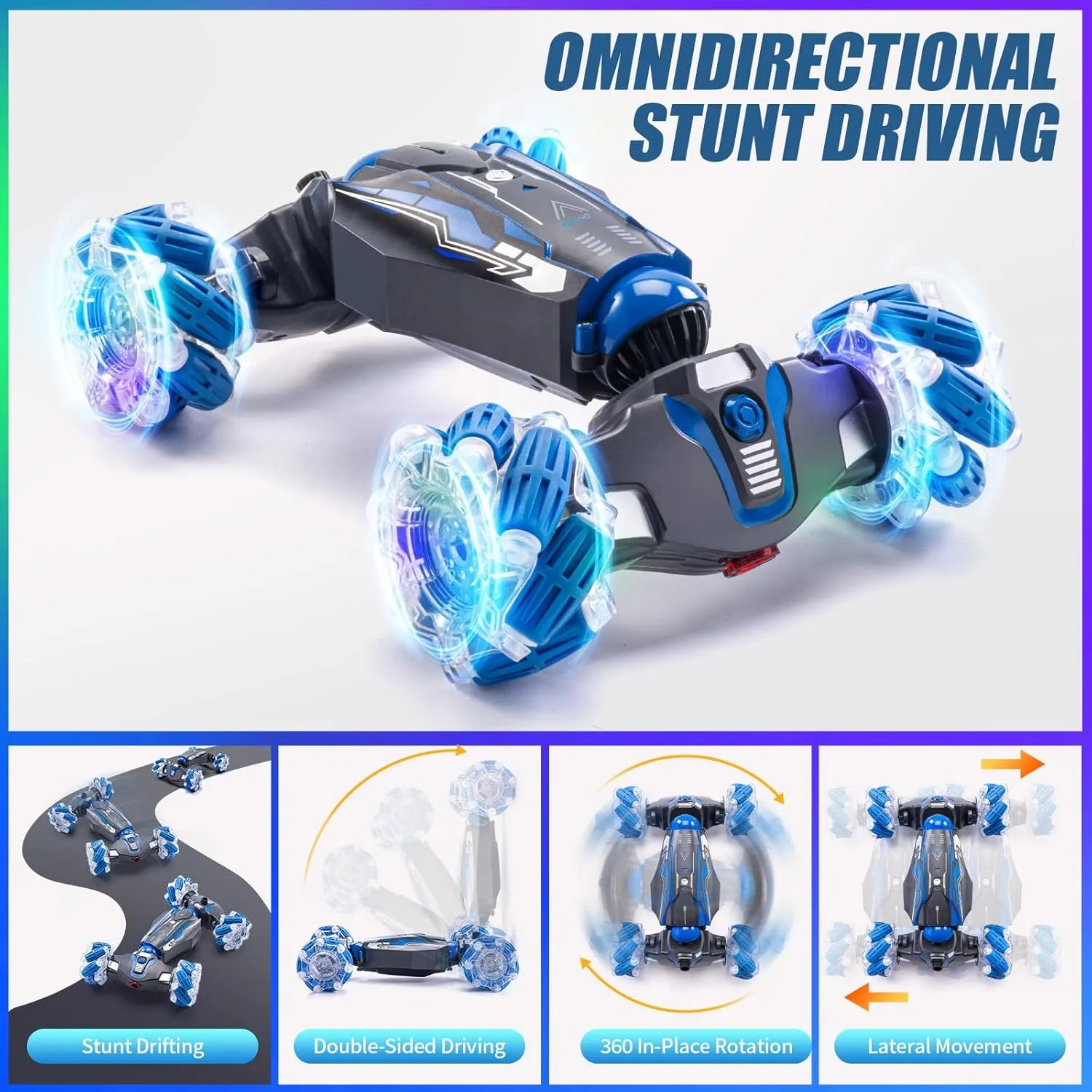 4WD Stunt Car, 2.4 GHz Gesture Sensor RC Cars, Double-Sided Vehicle 360° Flip RC Twist Buggy with Music Spray - Best Christmas and Birthday Present for Boys and Girls Aged 6-12 (Blue)