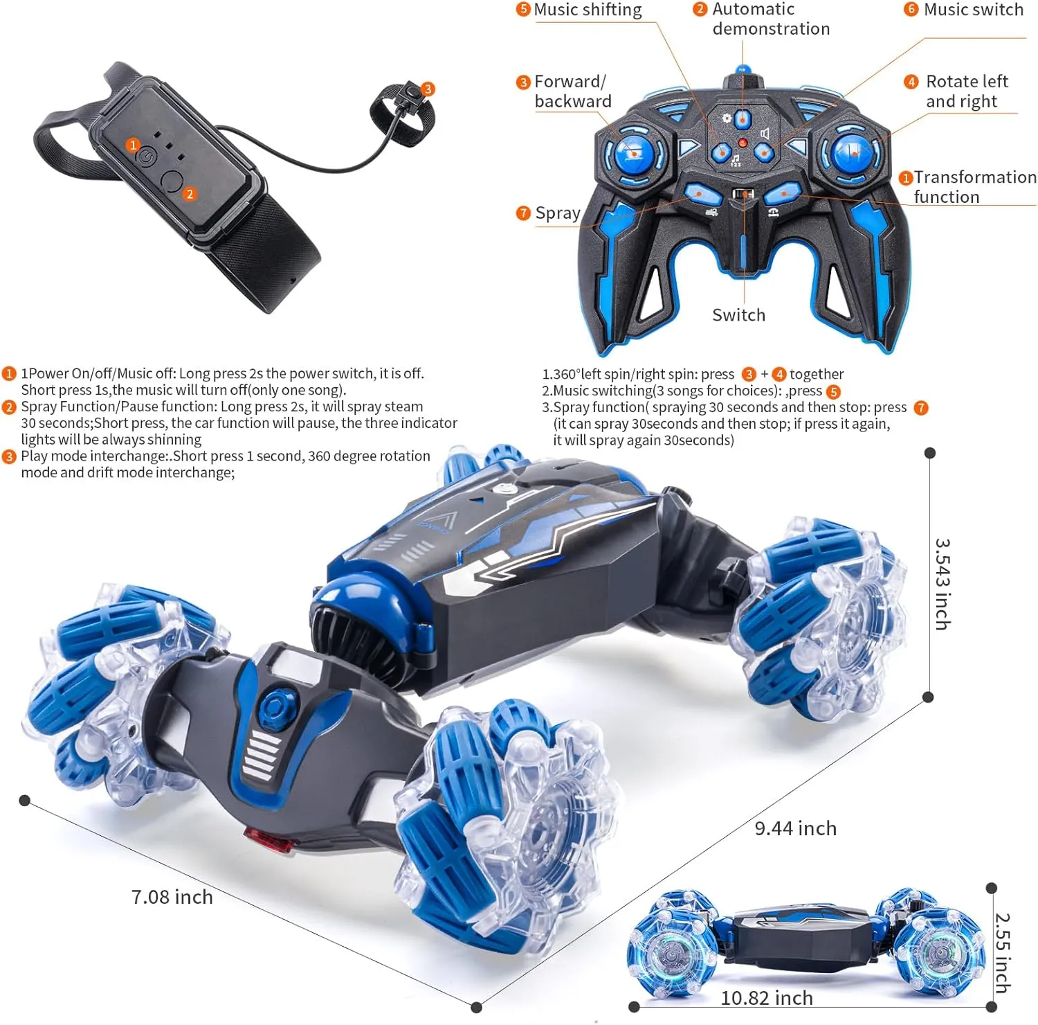 4WD Stunt Car, 2.4 GHz Gesture Sensor RC Cars, Double-Sided Vehicle 360° Flip RC Twist Buggy with Music Spray - Best Christmas and Birthday Present for Boys and Girls Aged 6-12 (Blue)