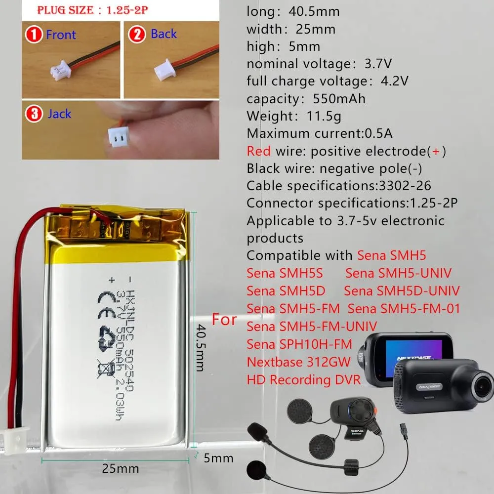 502540 3.7v Battery 550mAh for Sena SMH5 Motorcycles Bluetooth Headset Battery Replacement Sena SMH5-FM SMH5D SPH10H-FM Part Number (P/N): ICP40/25/40P fits Nextbase 312GW HD Recording DVR Cam
