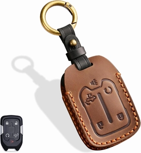 5-Button Leather Key Fob Cover, Compatible with GMC Acadia Terrain Sierra, Fit for Chevy Silverado 2019-2022, No Screw Design Retro Style Smart Key Holder Protector(Brown)