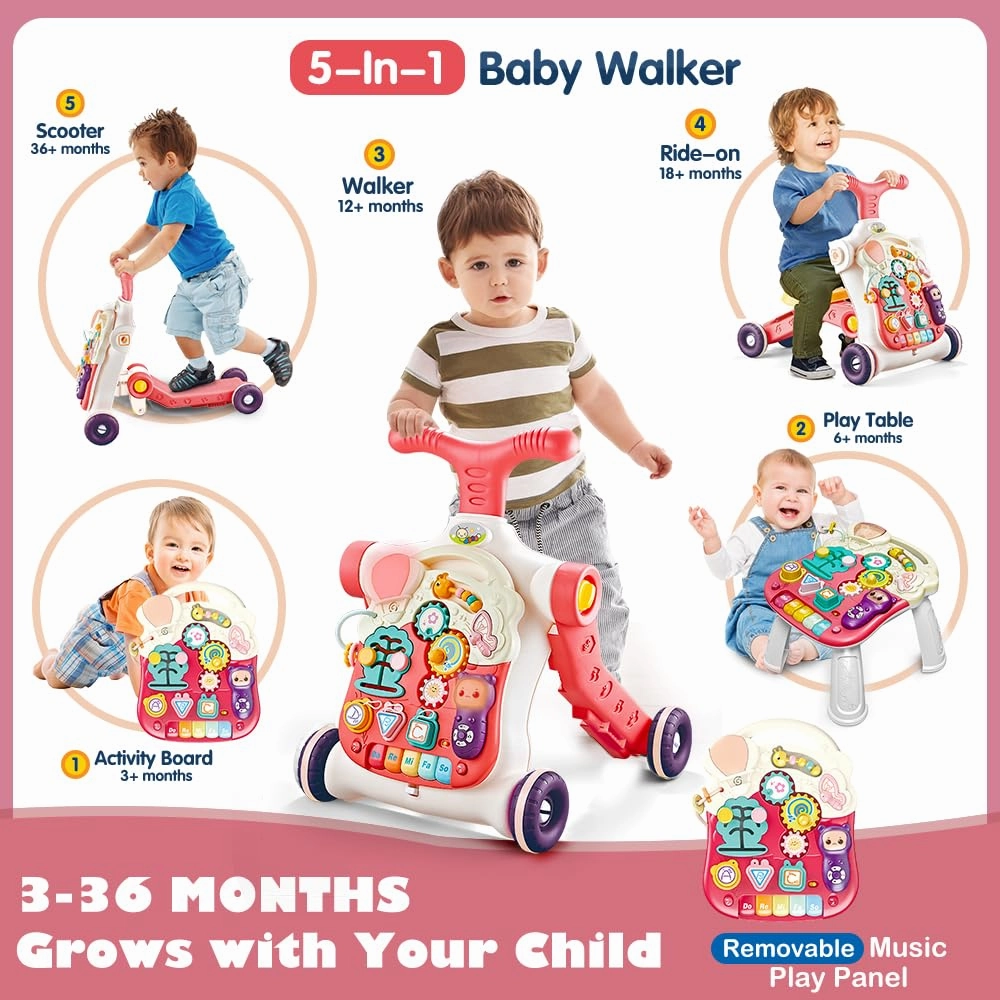 5 in 1 Baby Walker Sit-to-Stand Toys, Learning Walker for Boys Girls Toddler, Multifunctional Educational Activity Center Removable Play Panel, Push Walker Toys Gifts for Infant 6-18 Months