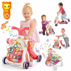 5 in 1 Baby Walker Sit-to-Stand Toys, Learning Walker for Boys Girls Toddler, Multifunctional Educational Activity Center Removable Play Panel, Push Walker Toys Gifts for Infant 6-18 Months