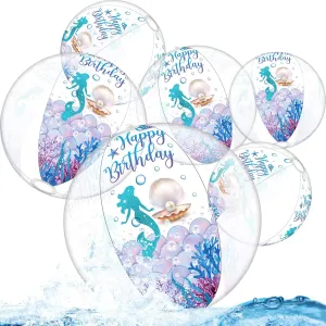 6 Pack Birthday Beach Ball for Pool Birthday Party Decorations 16'' Large Clear Inflatable Ball Swimming Pool Toys for Kids Adults Outdoor Fun Water Games Favors(Mermaid Style)