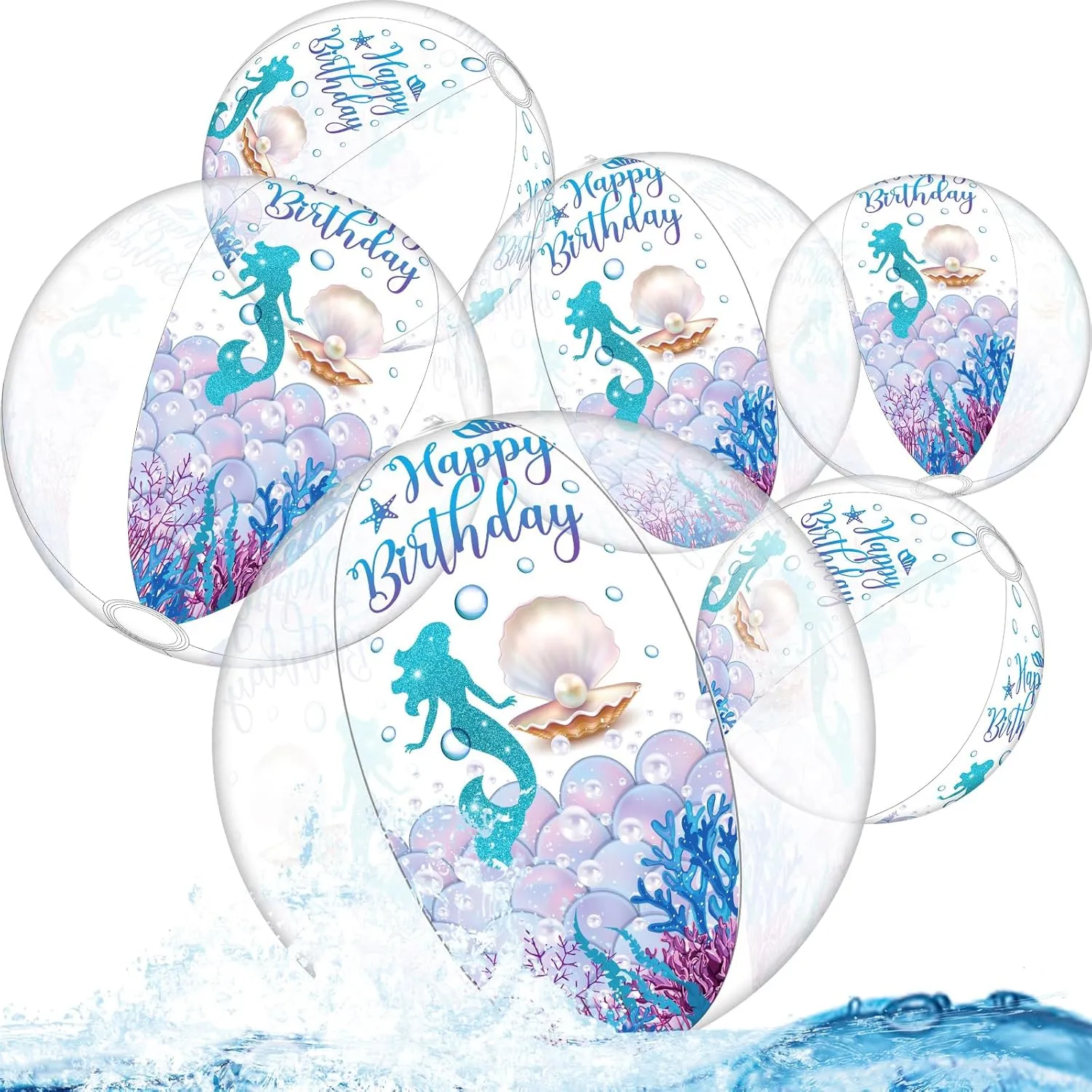 6 Pack Birthday Beach Ball for Pool Birthday Party Decorations 16'' Large Clear Inflatable Ball Swimming Pool Toys for Kids Adults Outdoor Fun Water Games Favors(Mermaid Style)