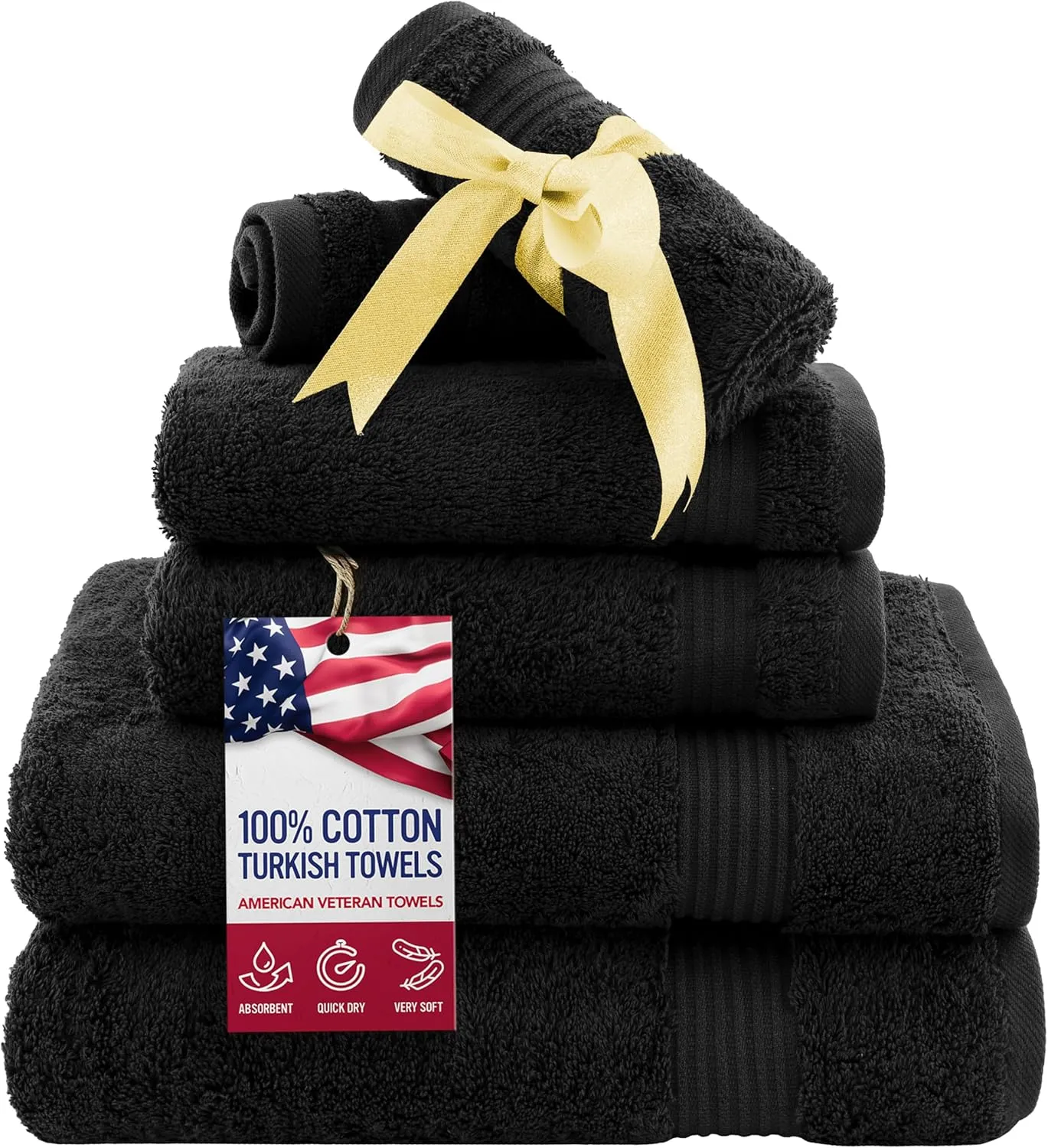 6 Piece Towel Set for Bathroom Clearance Prime, 100% Cotton Turkish Bathroom Towels, 2 Bath Towels 2 Hand Towels 2 Washcloths, Black